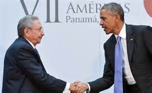 President of Cuba Raul Castro meeting US President Barack Obama at the Summit of the Americas.